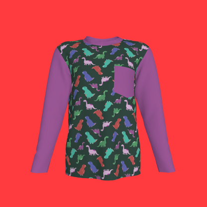 Purple Dino Party Long Sleeve Pocket T-Shirt