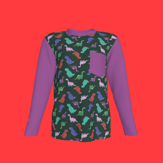 Purple Dino Party Long Sleeve Pocket T-Shirt