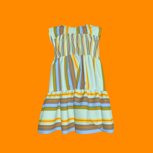 Kid's Ruffle Dress With Lining in Stripes Light Blue & Orangein Light Cotton Slub