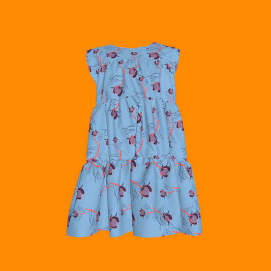 Kid's Ruffle Dress With Lining in Sprinkle Flowers Light Blue in Light Cotton Slub