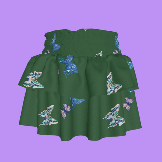 Kid's Smocked Ruffle Skirt in Emerald Fluttering Butterflies