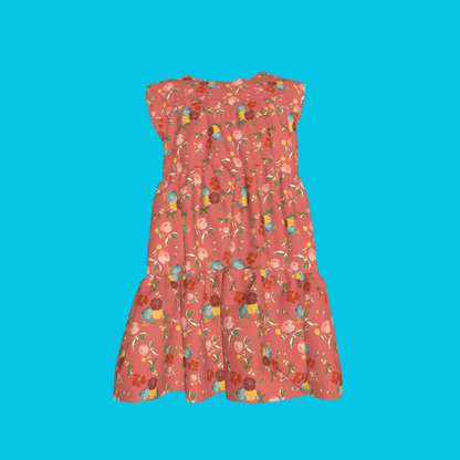 Kid's Ruffle Dress With Lining in Belle Flowers in Pink in Light Cotton Slub