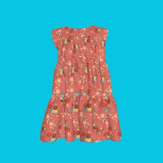 Kid's Ruffle Dress With Lining in Belle Flowers in Pink in Light Cotton Slub
