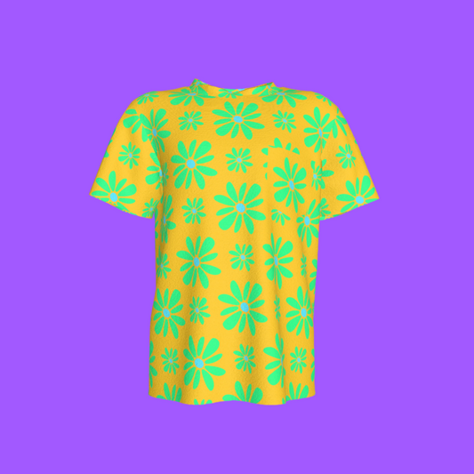 Kid's Pocket T-Shirt in Flower Bloom Yellow & Bright Green in Cotton Spandex Lightweight Jersey