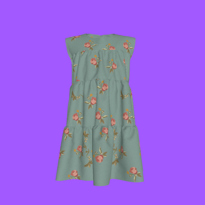 Kid's Ruffle Dress in Belle Bloom in Light Blue in Light Cotton Slub