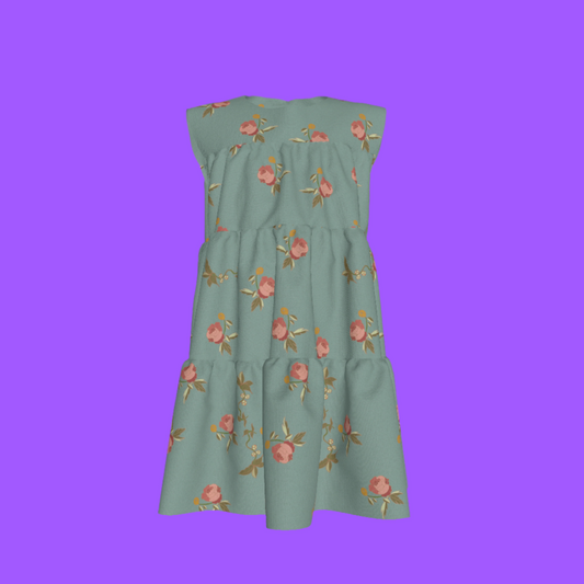 Kid's Ruffle Dress in Belle Bloom in Light Blue in Light Cotton Slub