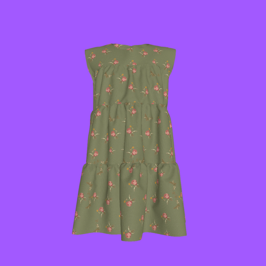 Kid's Ruffle Dress in Belle Bloom in Green in Light Cotton Slub