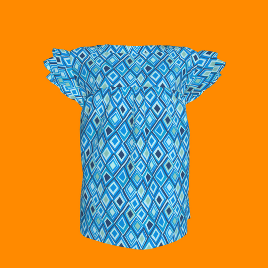 Kid's Ruffled Sleeve Top in Aqua Argyle