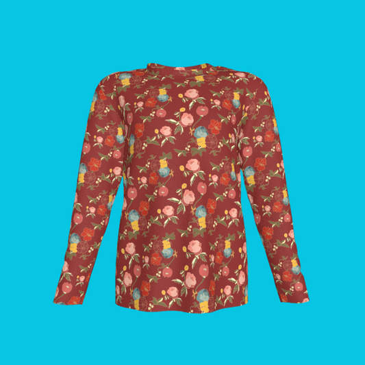 Kid's Long Sleeve T-Shirt in Belle Flowers Red in Cotton Spandex Lightweight Jersey