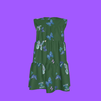 Kid's Ruffle Dress With Lining in Emerald Fluttering Butterflies