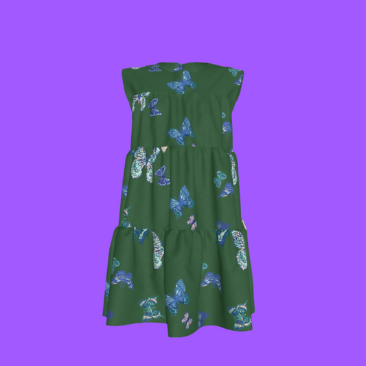 Kid's Ruffle Dress With Lining in Emerald Fluttering Butterflies