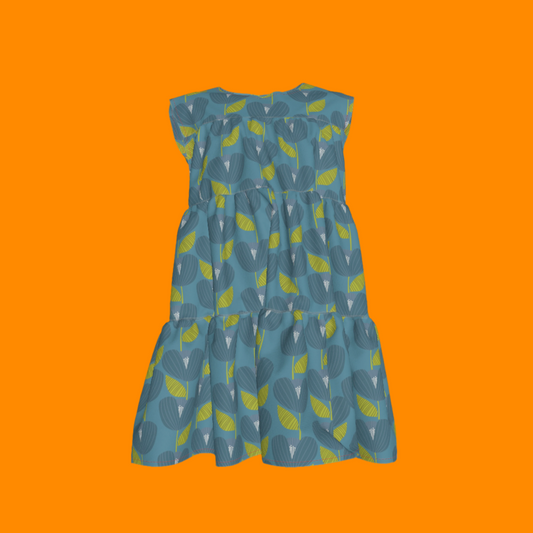 Teal Poppies Ruffle Dress with Lining