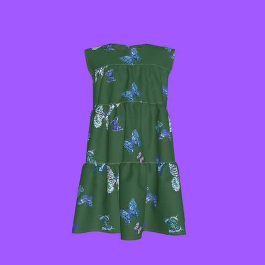 Kid's Ruffle Dress in Emerald Fluttering Butterflies
