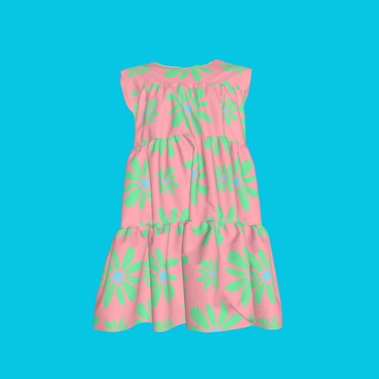 Kid's Ruffle Dress with Lining in Flower Bloom Pink & Light Green in Cotton Spandex Lightweight Jersey