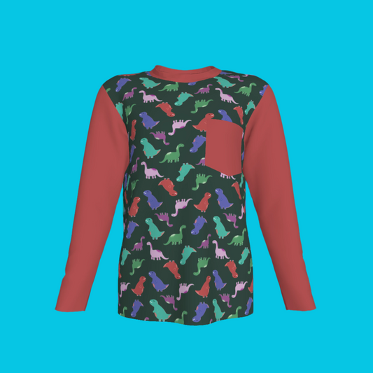 Red Dino Party Long Sleeve Pocket T-Shirt