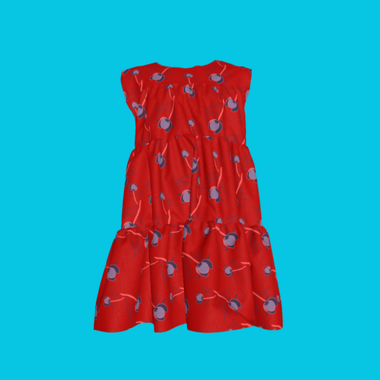 Kid's Ruffle Dress With Lining in Sprinkle Flowers Red in Light Cotton Slub