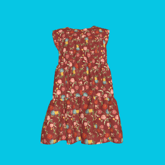 Kid's Ruffle Dress With Lining in Belle Flowers in Red in Light Cotton Slub