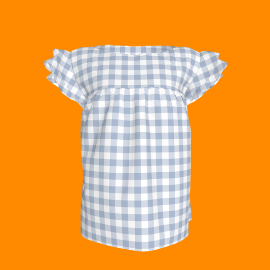Ruffled Sleeve Top in Pastel Blue Gingham