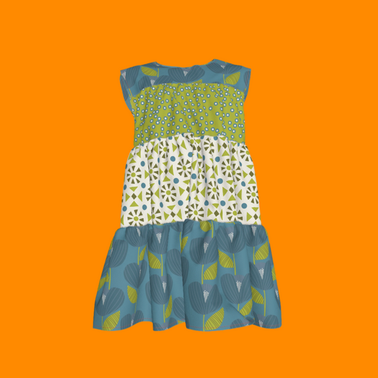 Teal, White & Green Ruffle Dress with Lining
