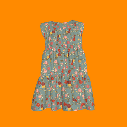 Kid's Ruffle Dress With Lining in Belle Flowers in Light Blue in Light Cotton Slub
