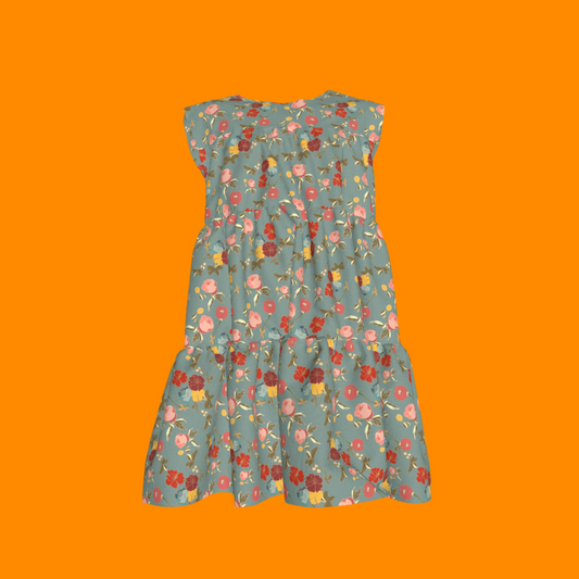 Kid's Ruffle Dress With Lining in Belle Flowers in Light Blue in Light Cotton Slub