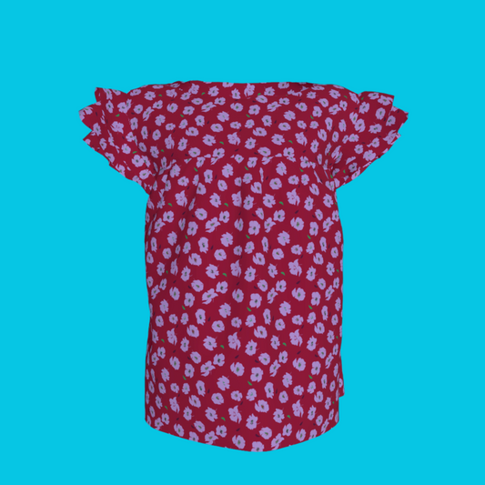 Kid's Ruffled Sleeve Top in Micro Purple Poppies