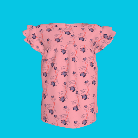 Kid's Ruffled Sleeve Top in Sprinkle Flowers Pink in Light Cotton Slub