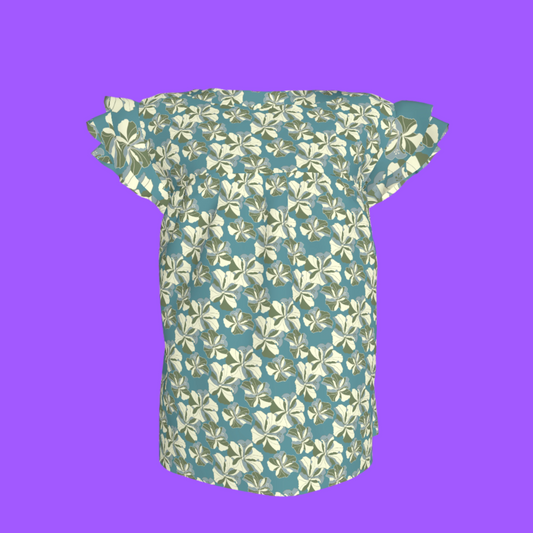Kid's Ruffled Sleeve Top in Tropical Cayena Acqua in Light Cotton Slub