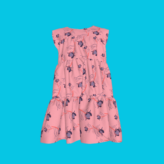 Kid's Ruffle Dress With Lining in Sprinkle Flowers in Pink Light Cotton Slub