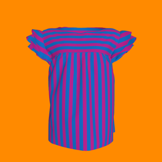 Red & Blue Stripes Ruffle Sleeve Top