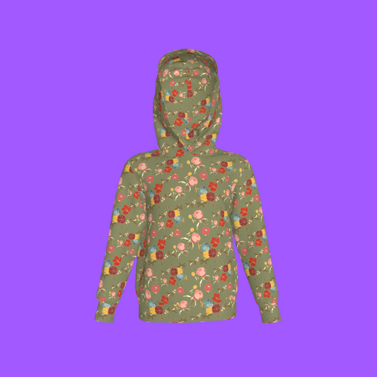 Kid's Pullover Hoodie in Belle Flowers Green in Fleece Back Stretch Organic Terry
