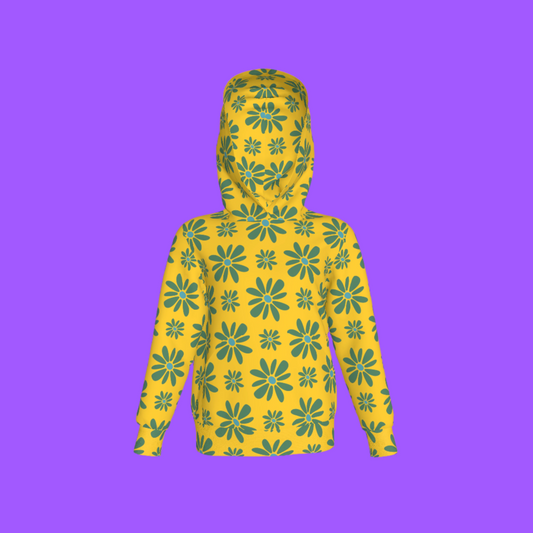 Kid's Pullover Hoodie in Flower Bloom in Yellow & Acqua in Fleece Back Stretch Organic Terry