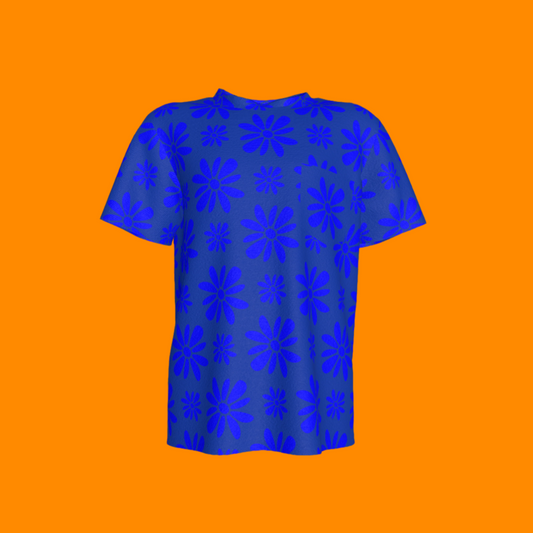 Kid's Pocket T-Shirt in Flower Bloom Bright Blue in Cotton Spandex Lightweight Jersey