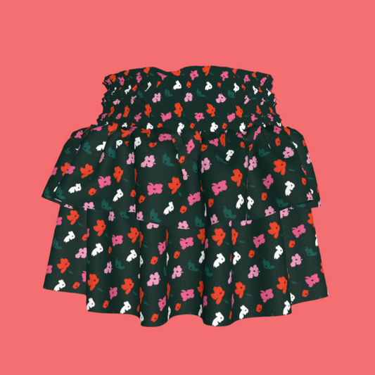 Kid's Smocked Ruffle Skirt in Evergreen Painted Poppies