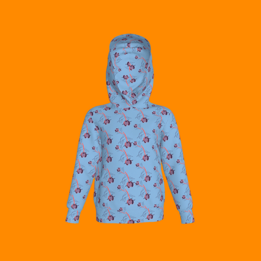 Kid's Pullover Hoodie in Sprinkle Flowers Light Blue in Fleece Back Stretch Organic Terry