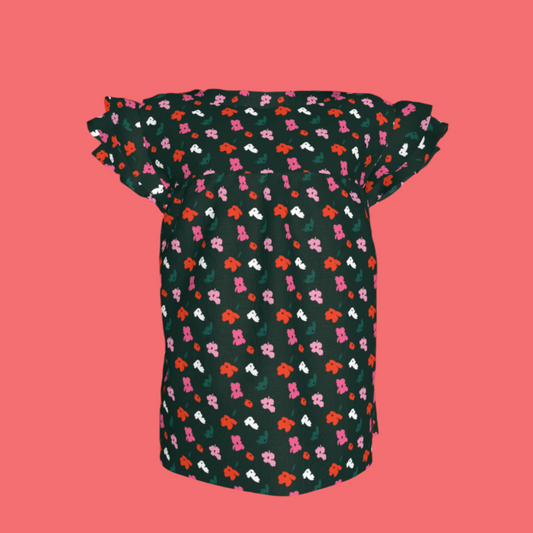 Kid's Ruffled Sleeve Top in Evergreen Painted Poppies