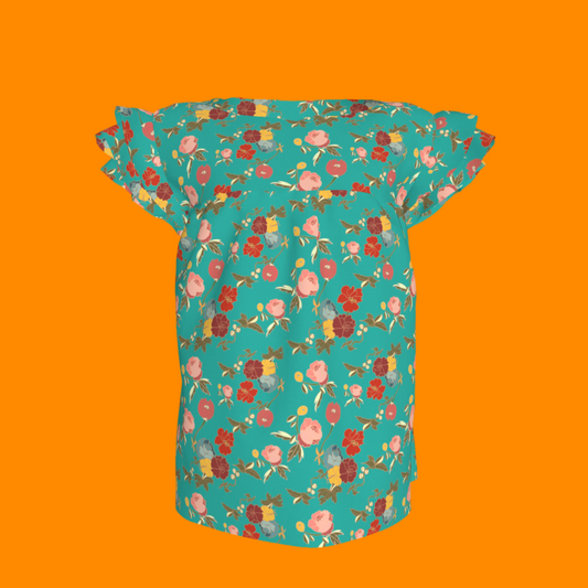 Kid's Ruffled Sleeve Top in Belle Flowers Bright Blue in Light Cotton Slub