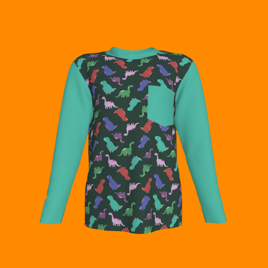 Teal Dino Party Long Sleeve Pocket T-Shirt