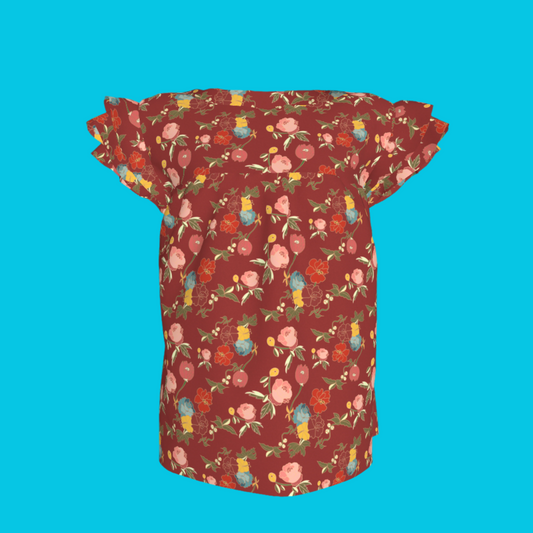 Kid's Ruffled Sleeve Top in Belle Flowers Red in Light Cotton Slub