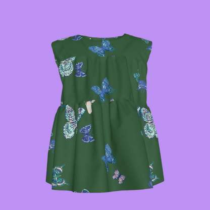 Kid's Sleeveless Ruffle Top in Emerald Fluttering Butterflies