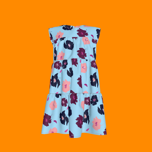 Kid's Ruffle Dress in Light Blue Poppies