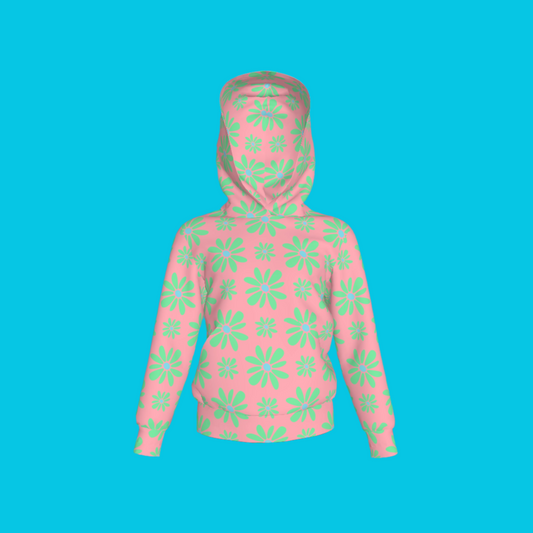 Kid's Pullover Hoodie in Flower Bloom in Pink & Light Green in Fleece Back Stretch Organic Terry