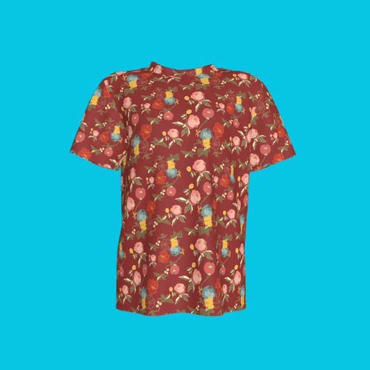 Kid's Pocket T-Shirt in Belle Flowers Red in Cotton Spandex Lightweight Jersey
