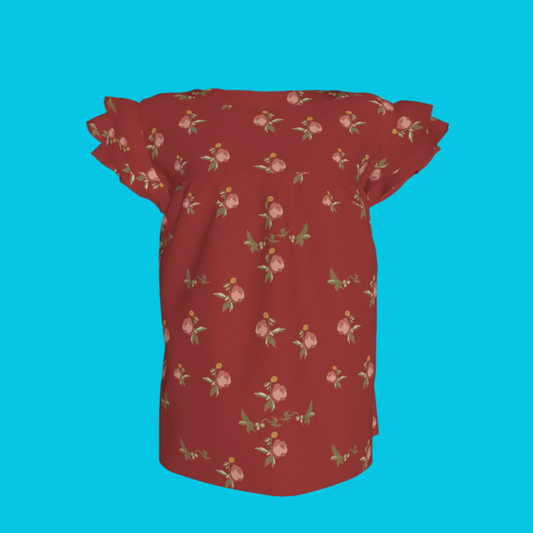 Kid's Ruffled Sleeve Top in Belle Bloom Red in Light Cotton Slub