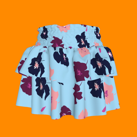 Kid's Smocked Ruffle Skirt in Light Blue Poppies