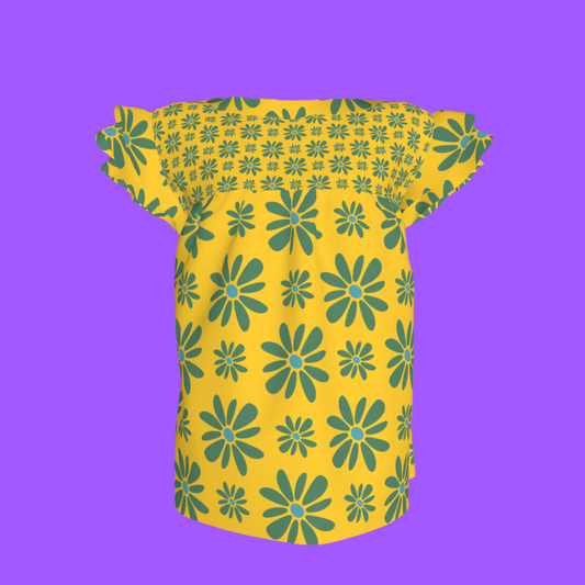 Kid's Ruffled Sleeve Top in Flower Bloom in Yellow & Acqua in Light Cotton Slub