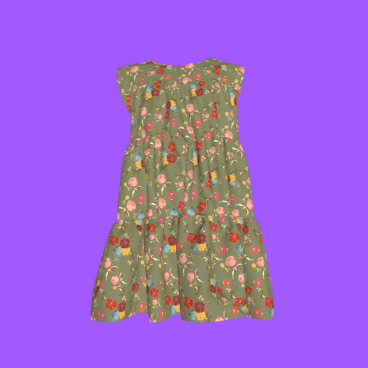 Kid's Ruffle Dress With Lining in Belle Flowers in Green in Light Cotton Slub