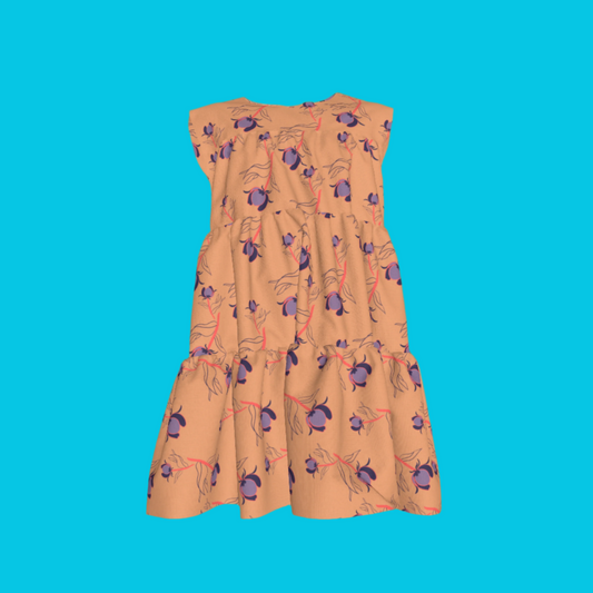 Kid's Ruffle Dress With Lining in Sprinkle Flowers Peach in Light Cotton Slub