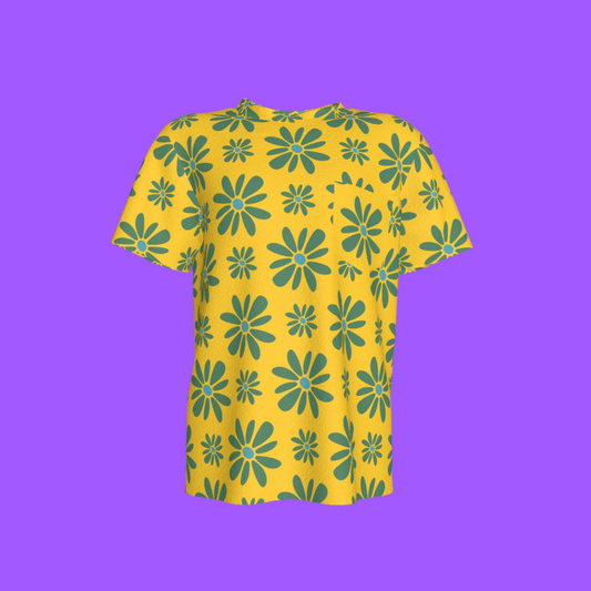 Kid's Pocket T-Shirt in Flower Bloom Yellow & Acqua in Cotton Spandex Lightweight Jersey