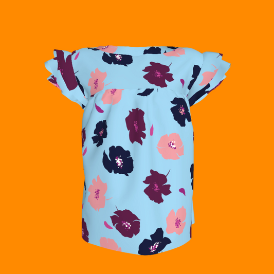Kid's Ruffled Sleeve Top in Light Blue Poppies